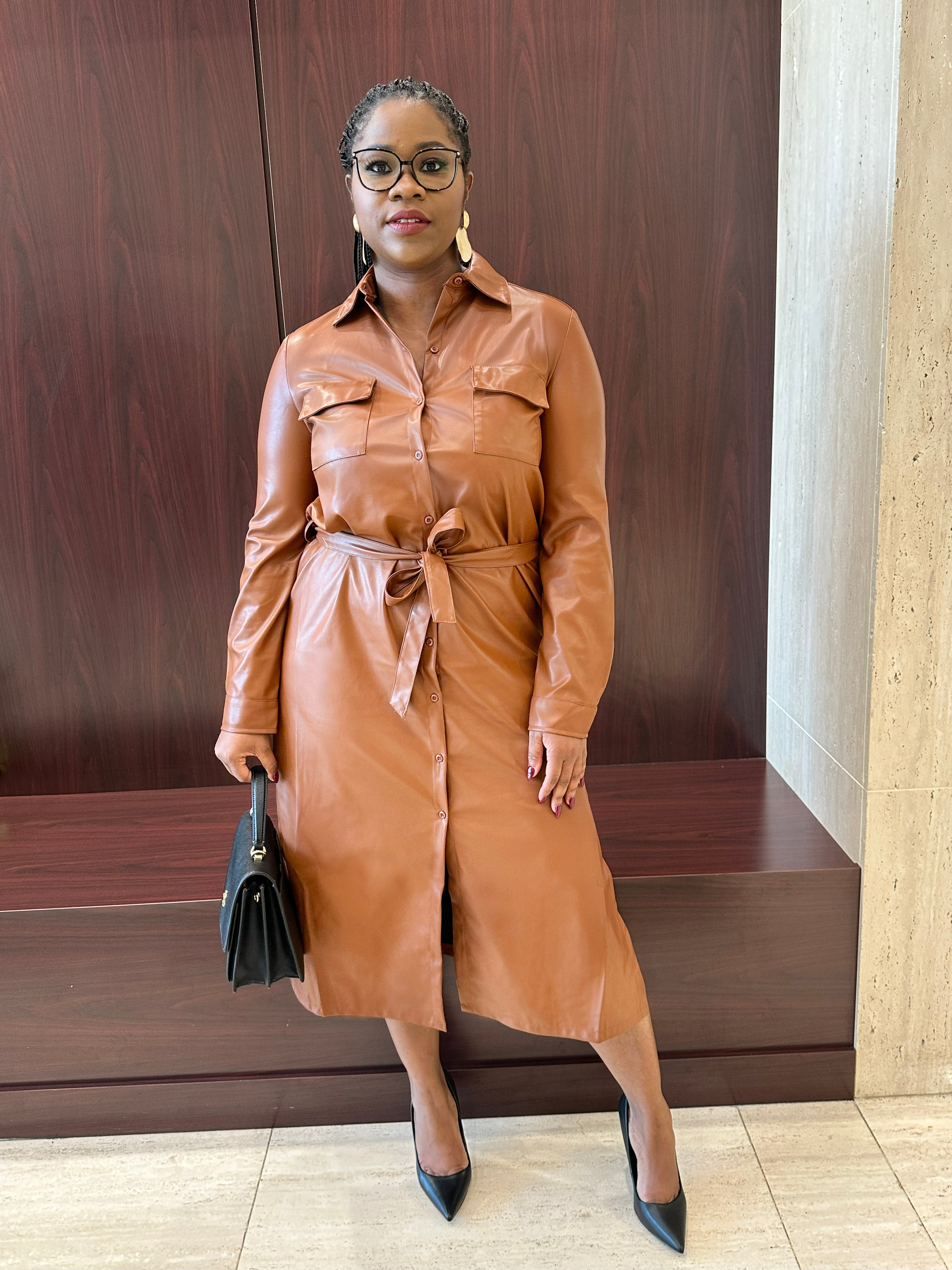 Faux Leather Midi Dress - Camel