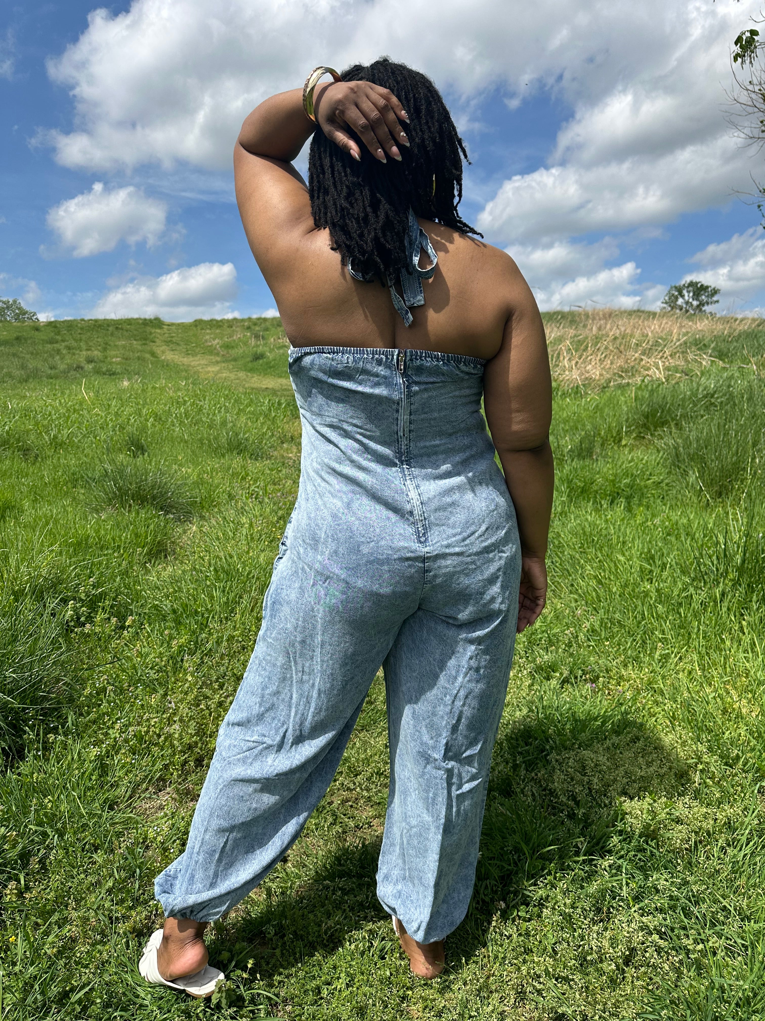 Halter Denim Jumpsuit | Small - 3X