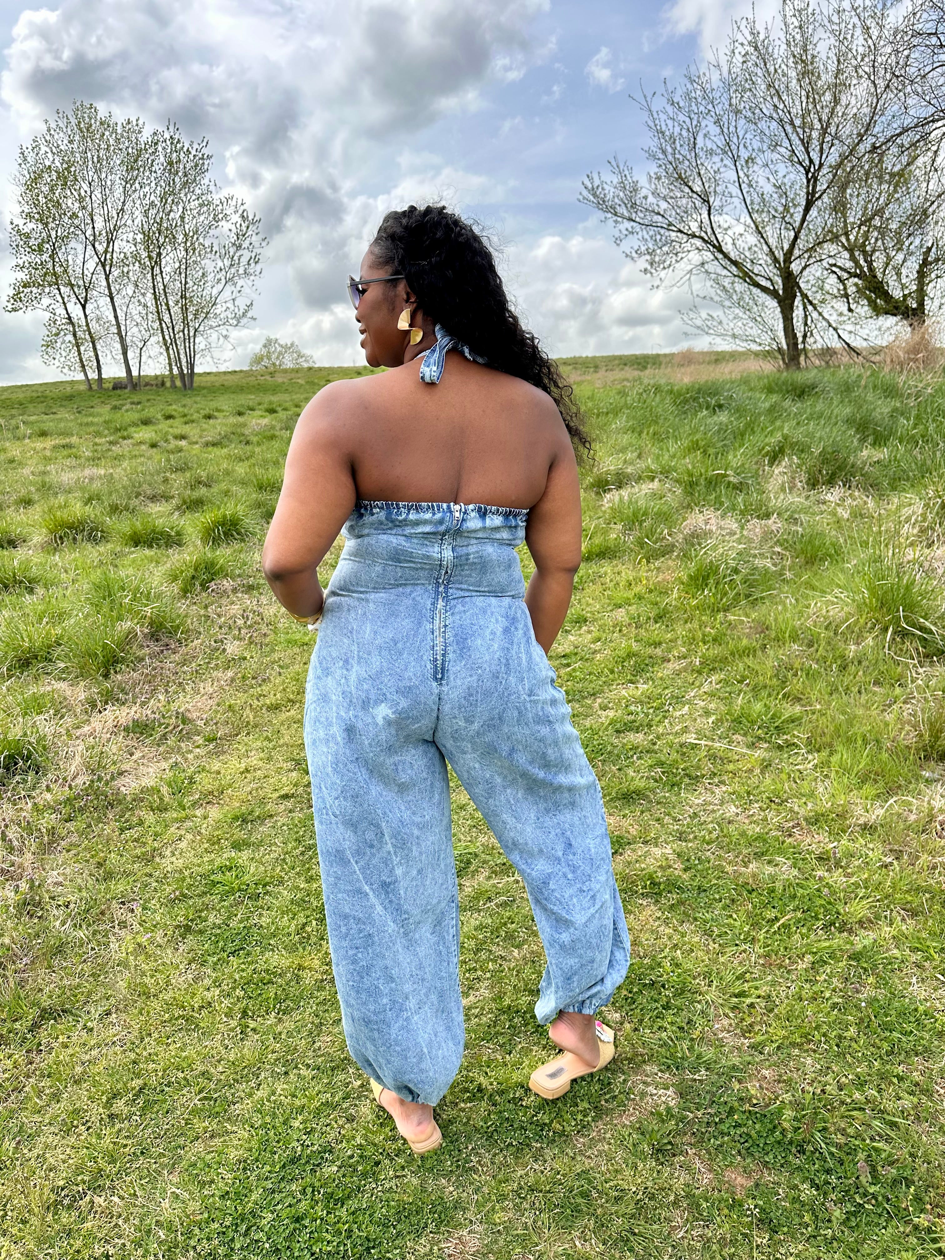 Halter Denim Jumpsuit | Small - 3X