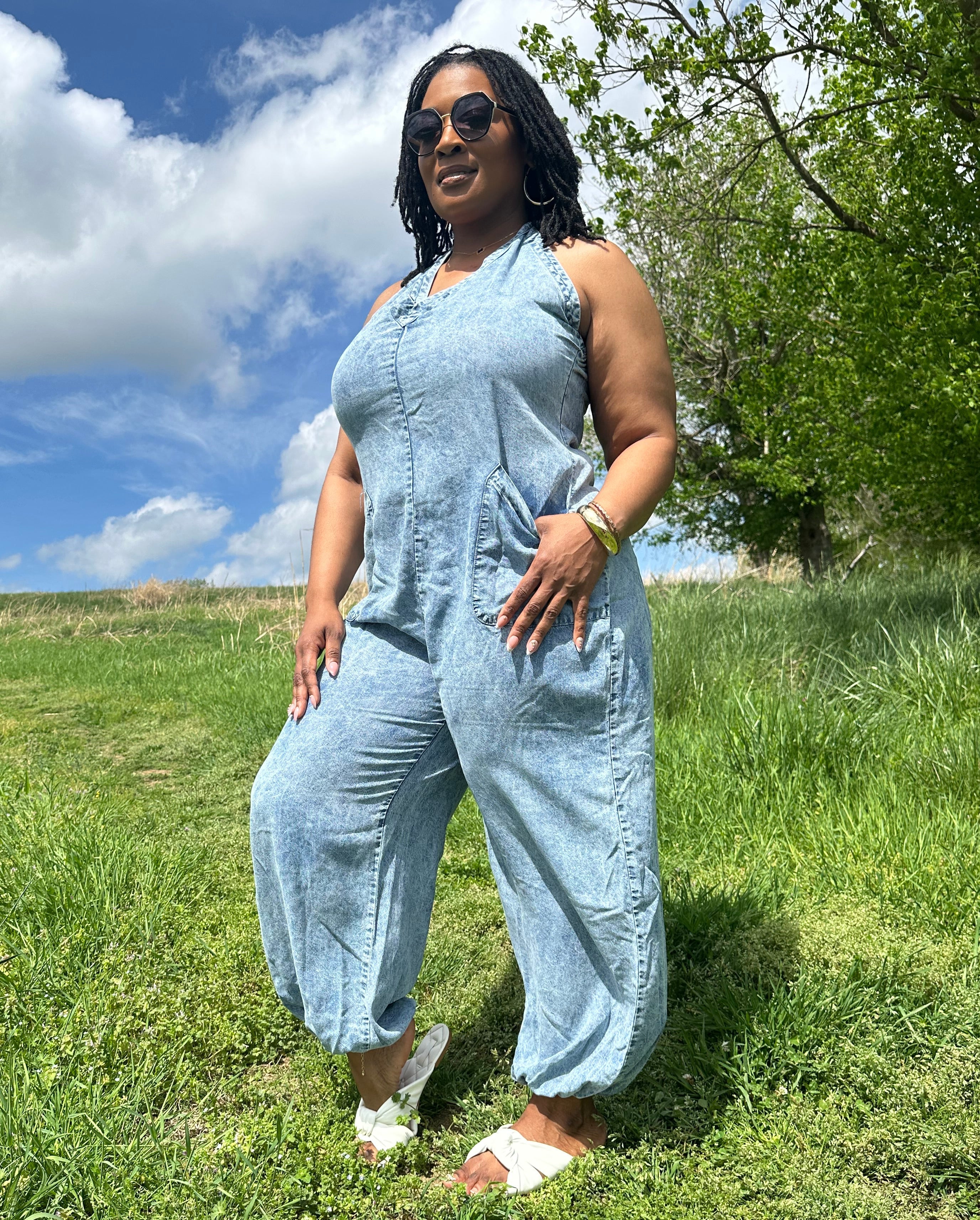 Halter Denim Jumpsuit | Small - 3X