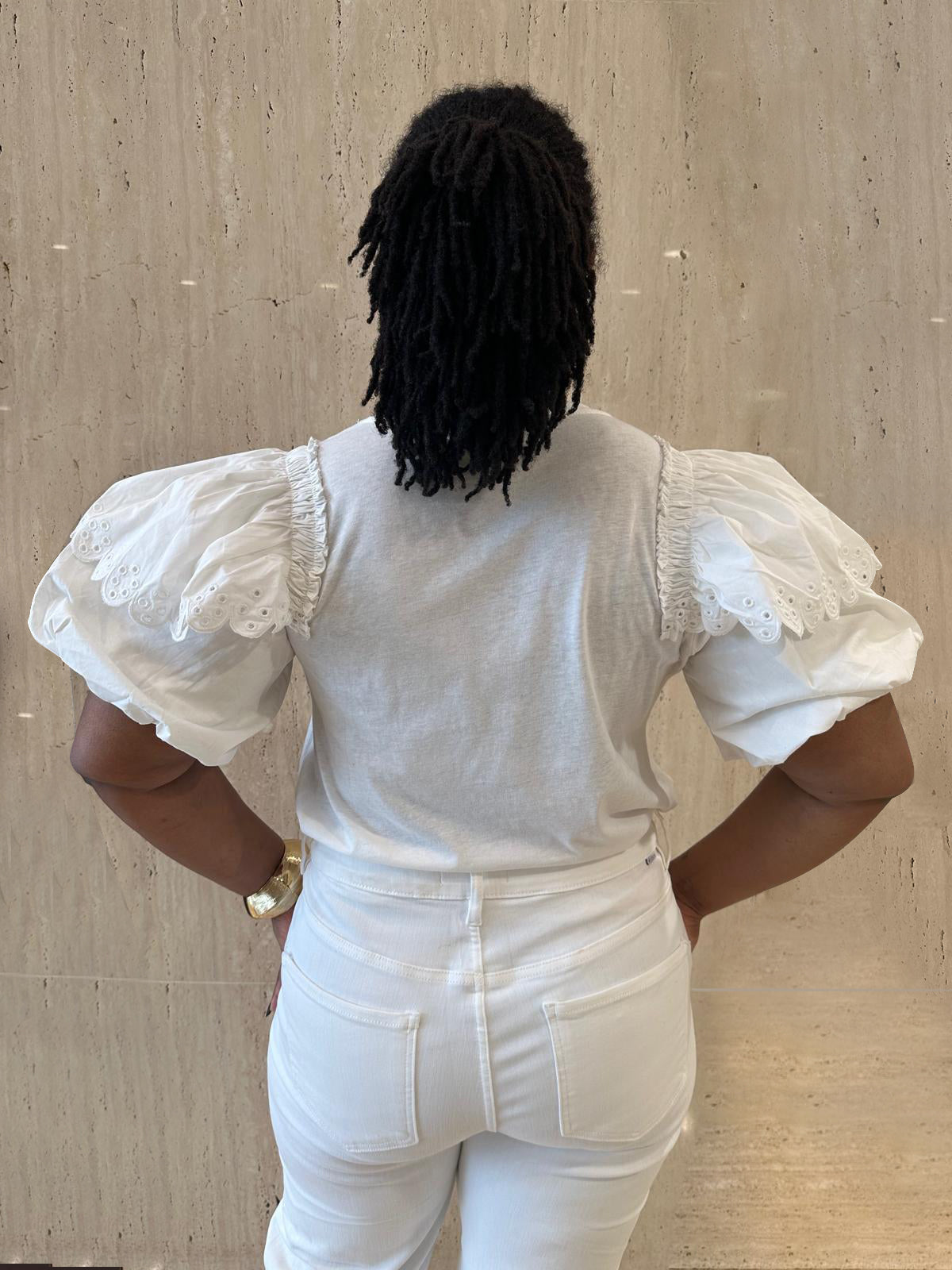 White Cotton Poplin Bubble Sleeve Blouse