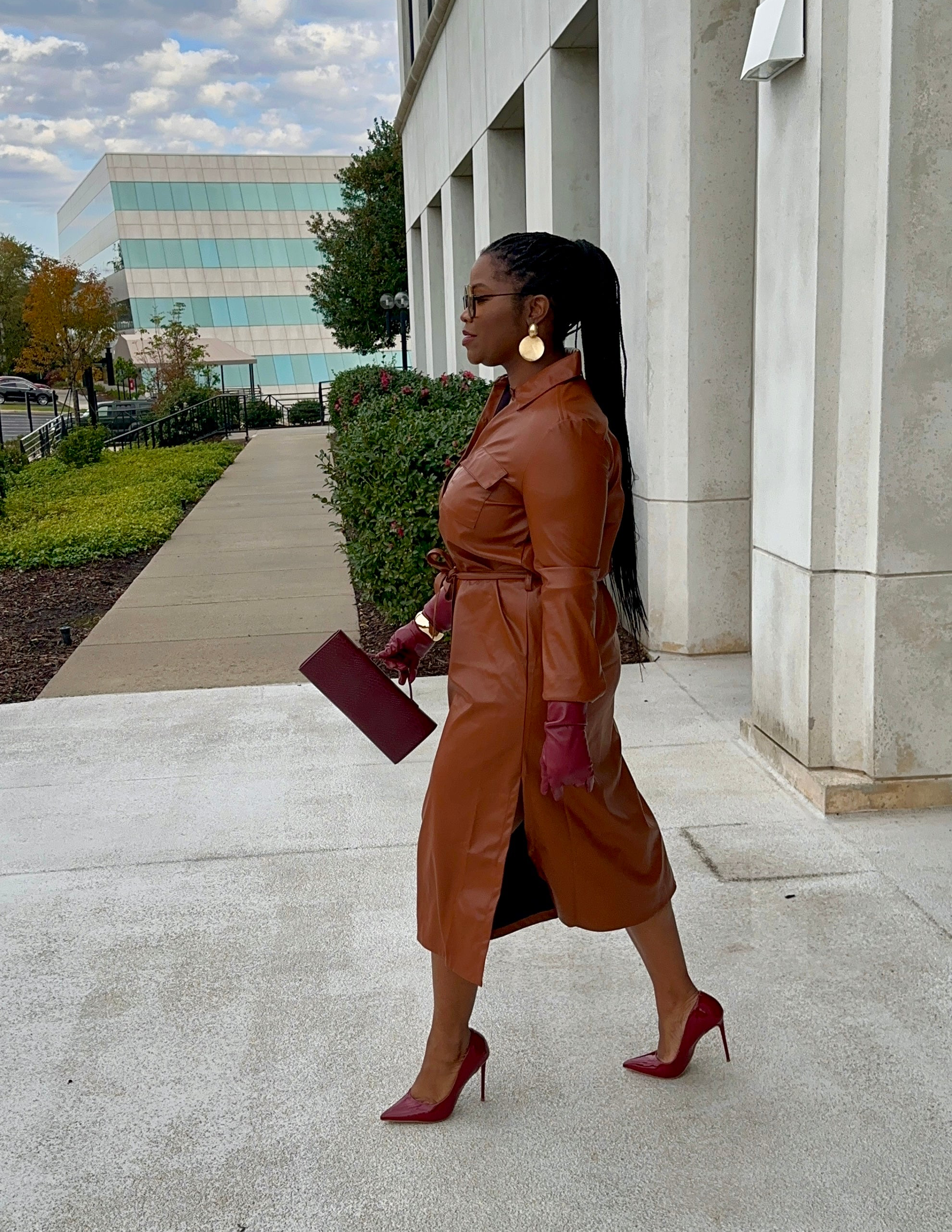 Faux Leather Midi Dress - Camel