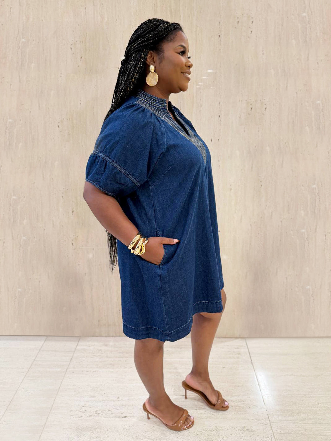 Dark Wash V-Neck Puff Sleeve Denim Dress