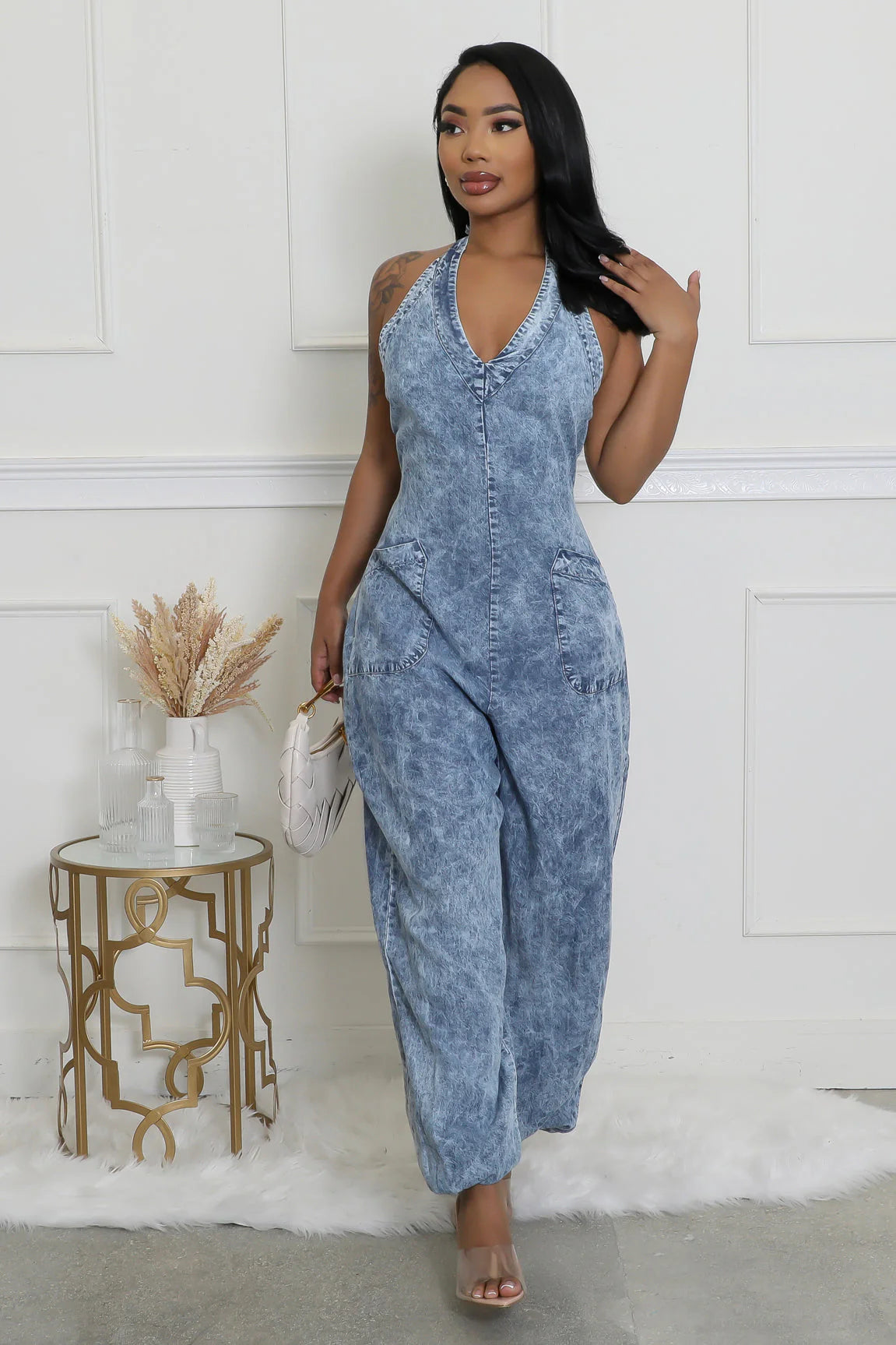 Halter Denim Jumpsuit | Small - 3X