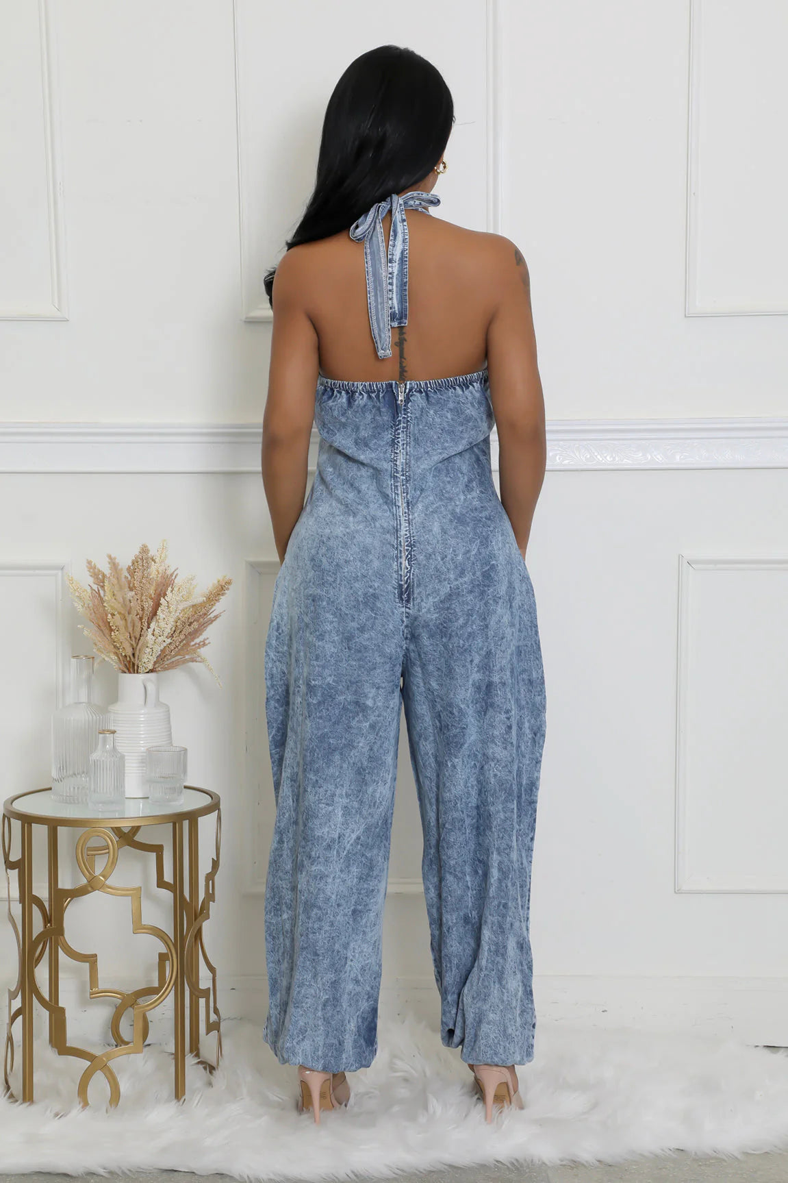 Halter Denim Jumpsuit | Small - 3X
