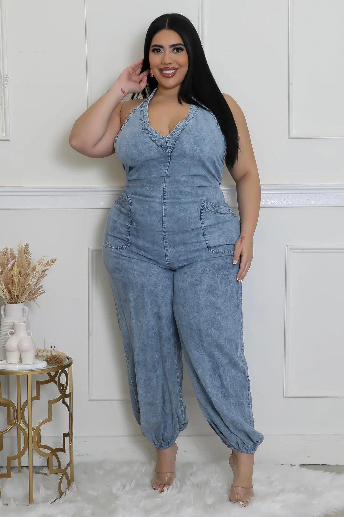 Halter Denim Jumpsuit | Small - 3X