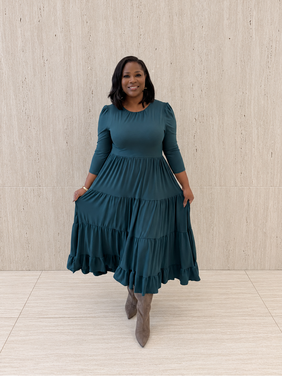 A woman wearing a dark teal tiered midi dress with three-quarter sleeves and taupe ankle boots, standing against a light beige textured wall.