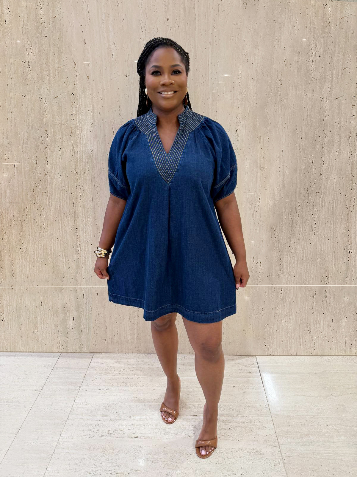 Dark Wash V-Neck Puff Sleeve Denim Dress