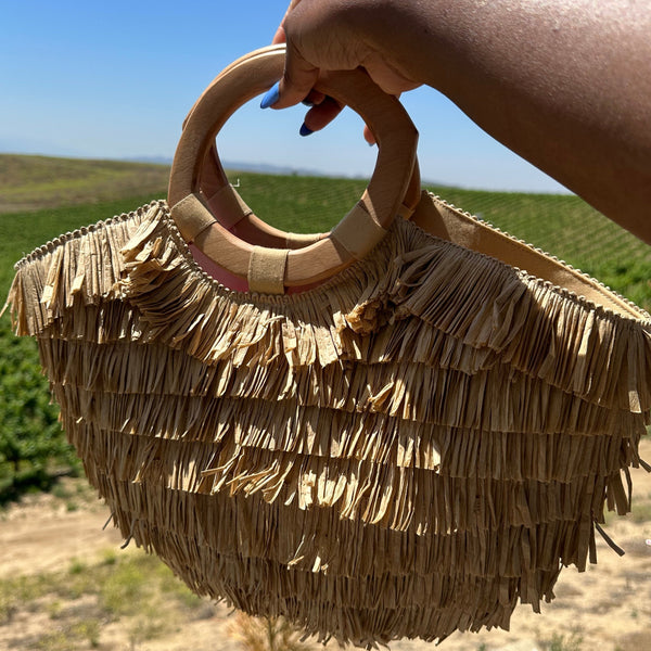 Ruffle Tote Bag with Wooden Handles