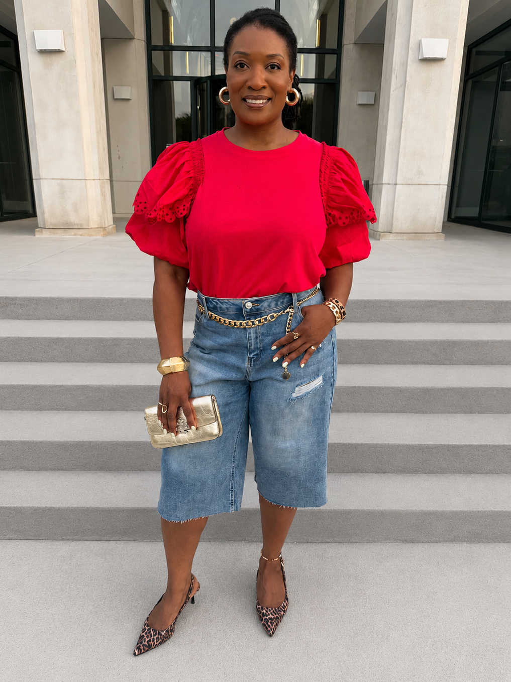Red Cotton Poplin Bubble Sleeve Blouse
