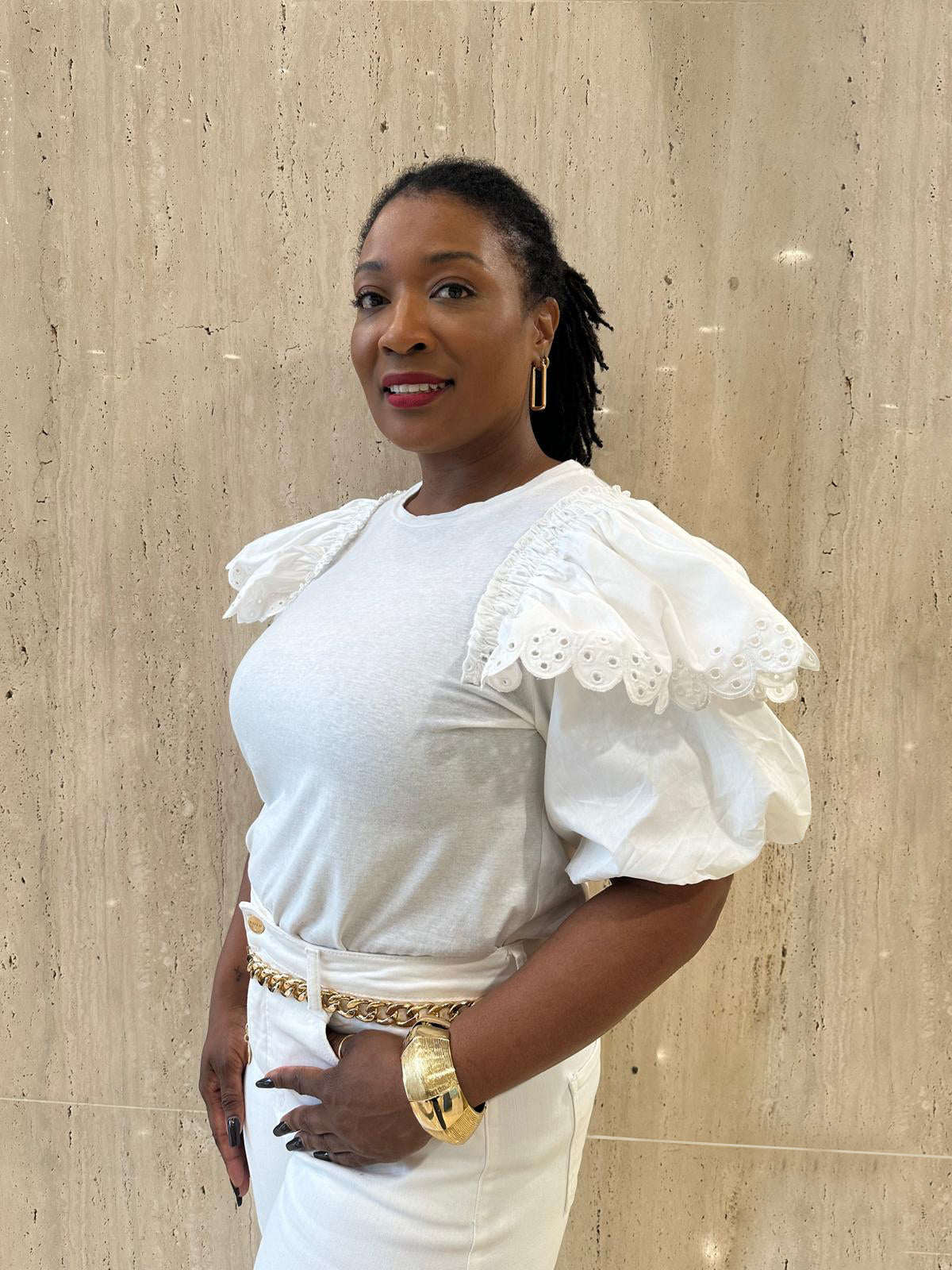 White Cotton Poplin Bubble Sleeve Blouse