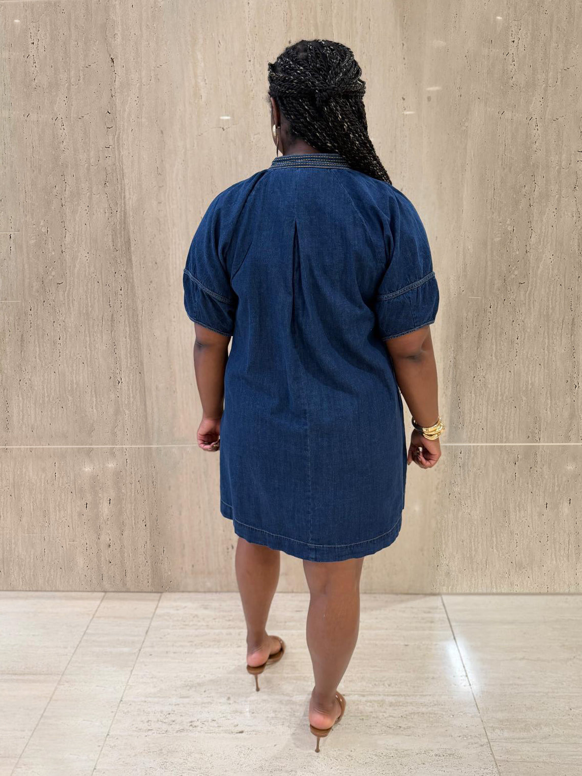 Dark Wash V-Neck Puff Sleeve Denim Dress