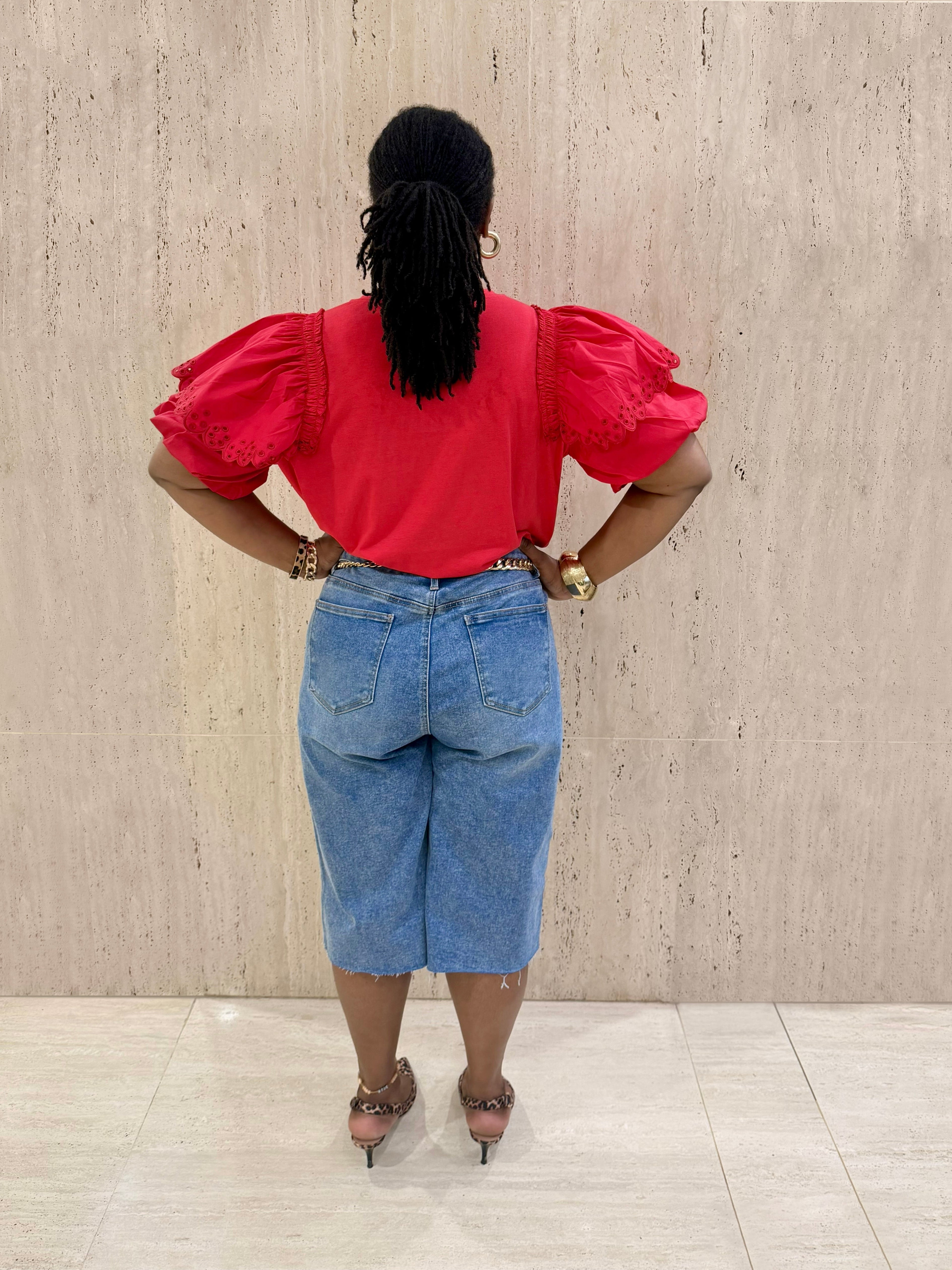 Red Cotton Poplin Bubble Sleeve Blouse