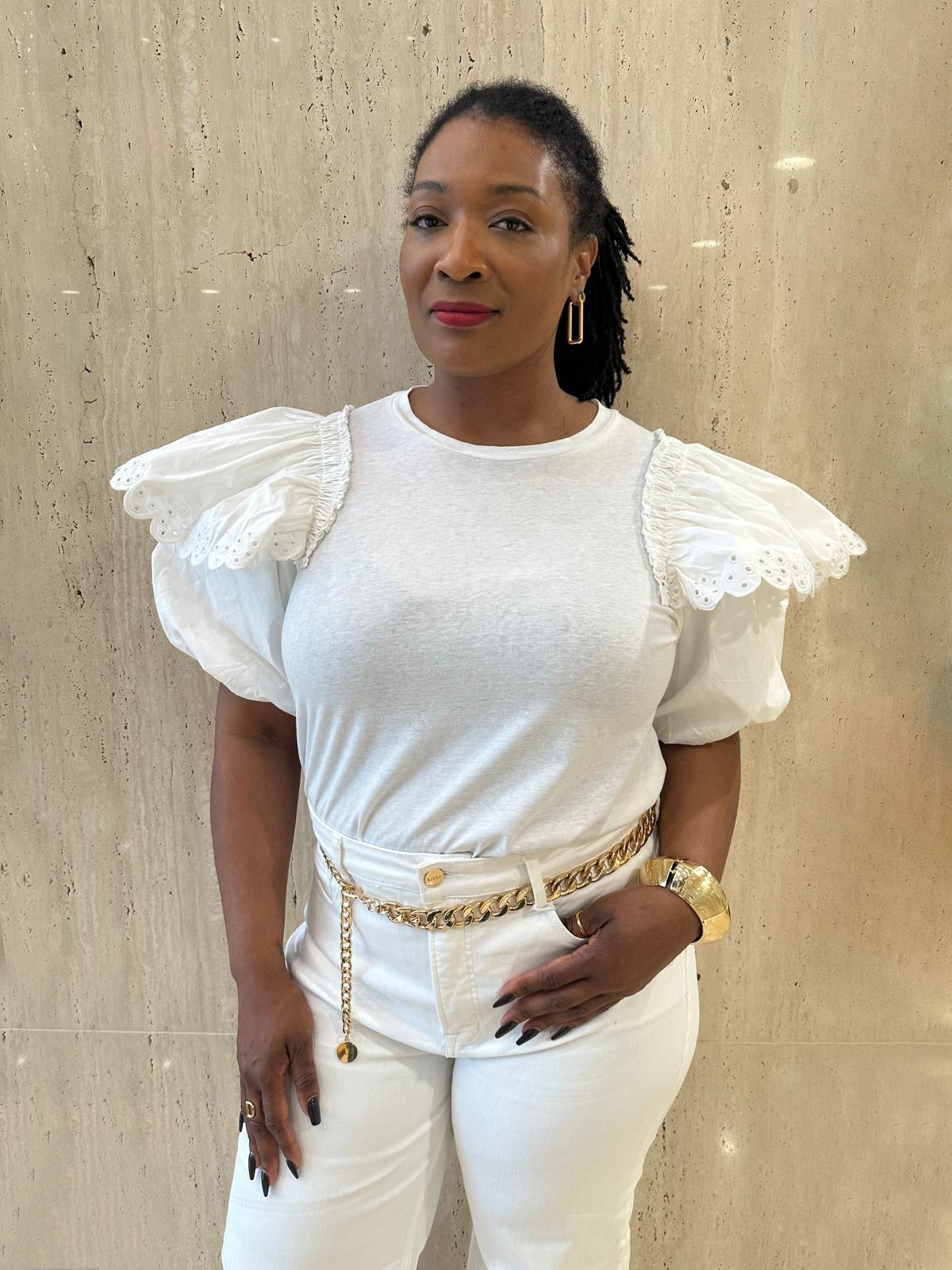 White Cotton Poplin Bubble Sleeve Blouse