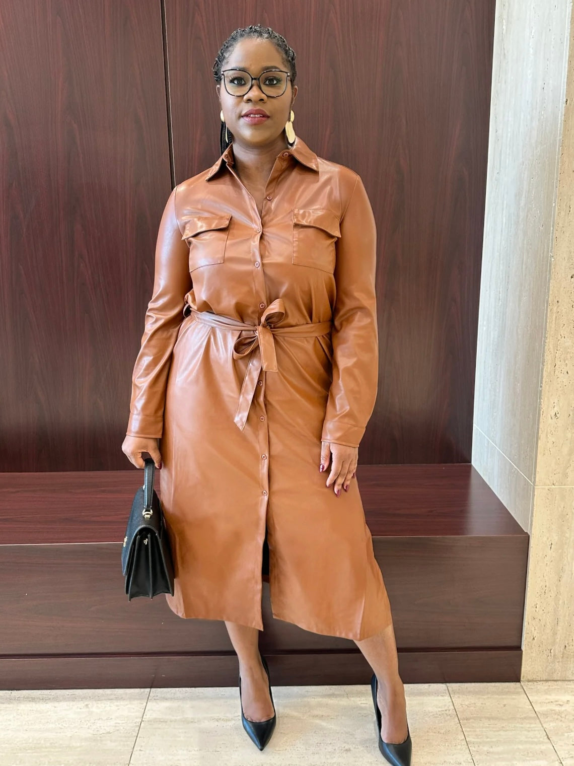 Faux Leather Midi Dress - Camel