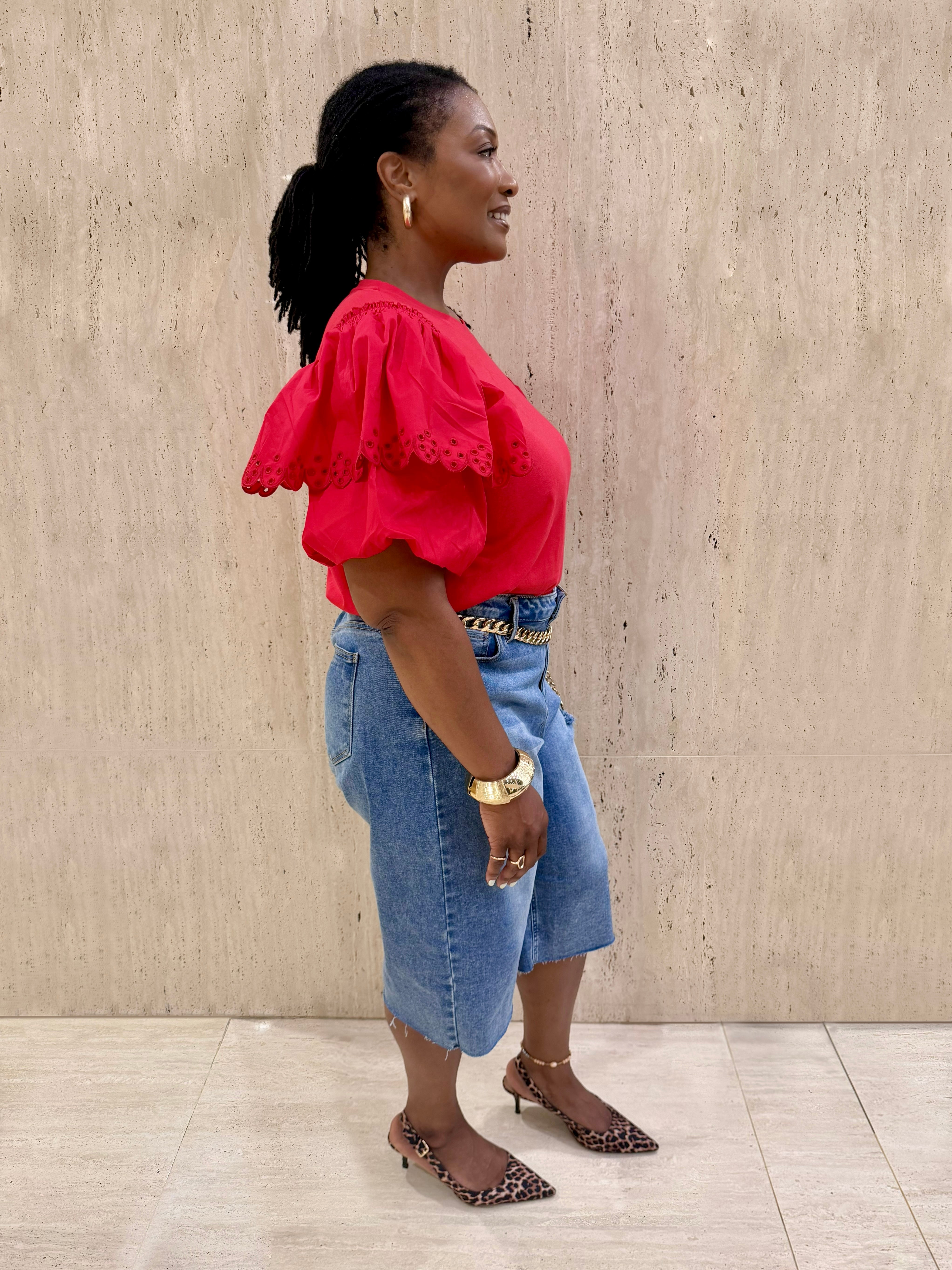 Red Cotton Poplin Bubble Sleeve Blouse