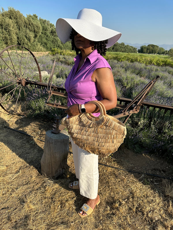 Ruffle Tote Bag with Wooden Handles