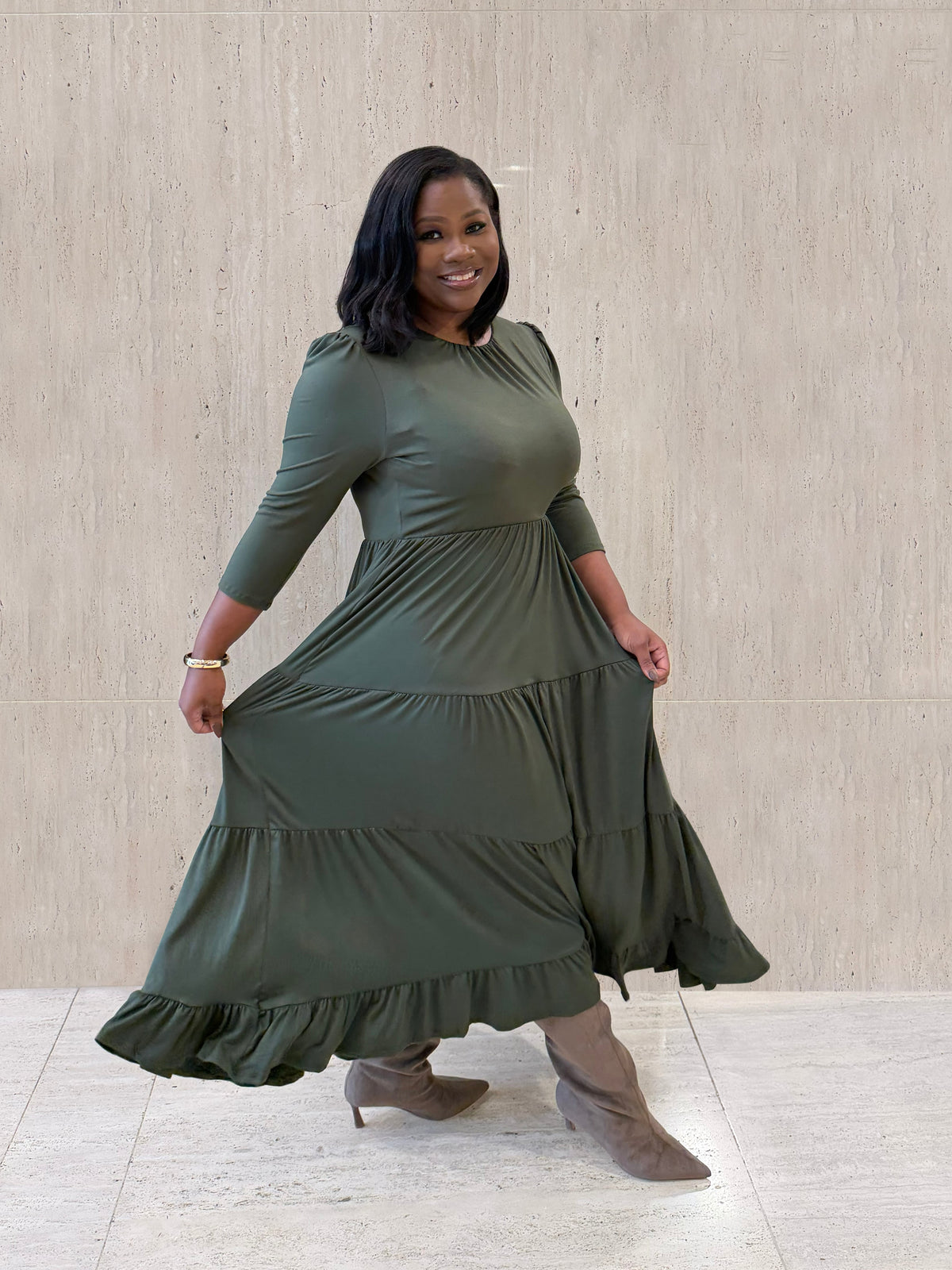 Olive Tiered Midi Dress