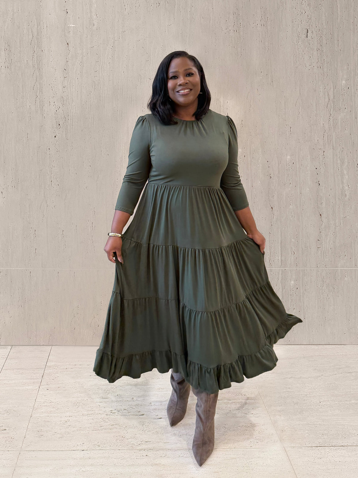 Olive Tiered Midi Dress
