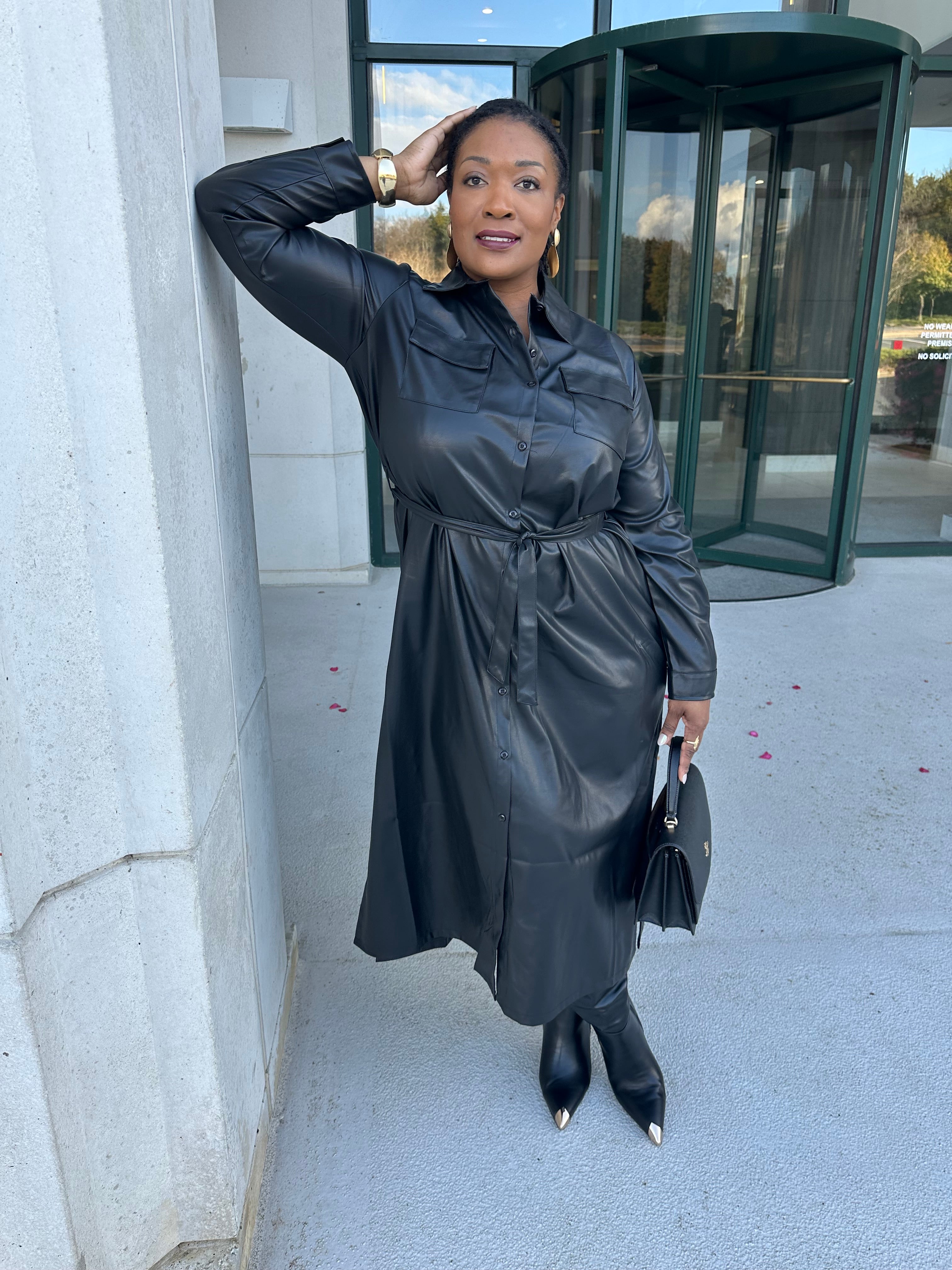 Faux Leather Midi Dress - Black